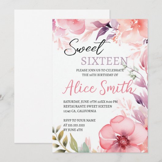 Blush Pink Floral Sweet Sixteen Birthday Kaart (Voorkant / Achterkant)