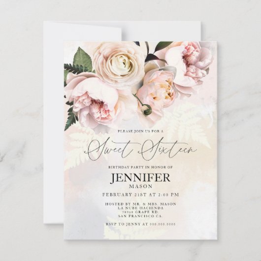 Blush Pink Floral Sweet Sixteen Birthday Kaart (Voorkant)