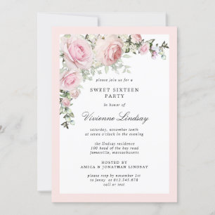 Blush Pink Floral Sweet Sixteen Partij Kaart