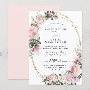 Blush Pink Floral Sweet Zestien Party Invitation Kaart