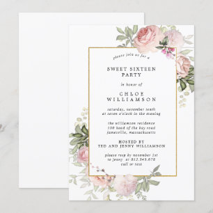 Blush Pink Floral Sweet Zestien Party Invitation Kaart
