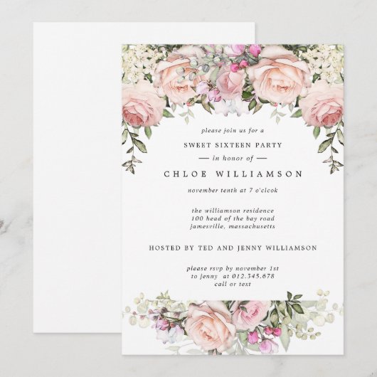 Blush Pink Floral Sweet Zestien Party Invitation Kaart (Voorkant / Achterkant)