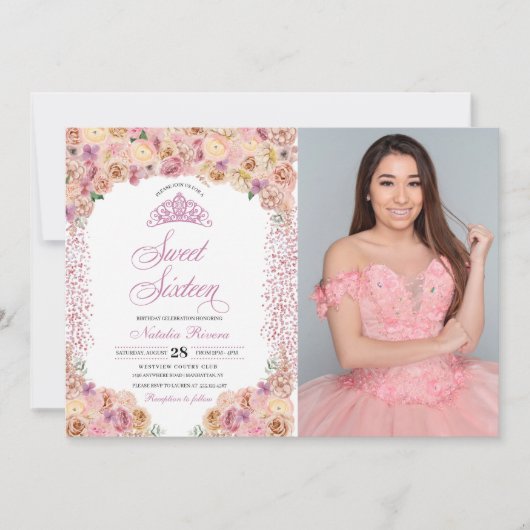 Blush Pink Floral Sweet Zestien verjaardag Kaart (Voorkant)