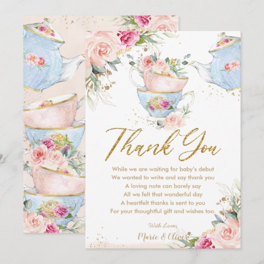 Blush Pink Floral Tea Party Baby shower Verjaardag Bedankkaart (Voorkant / Achterkant)