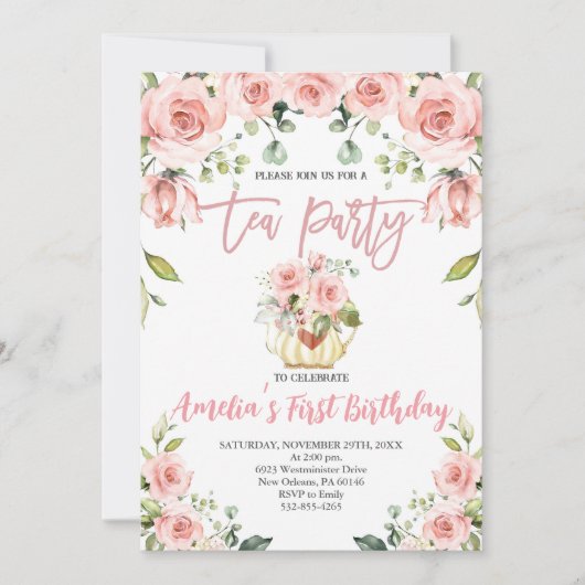 Blush Pink Floral Tea Party Eerste Verjaardag Kaart (Voorkant)