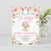 Blush Pink Floral Tea Party Eerste Verjaardag Kaart (Staand voorkant)