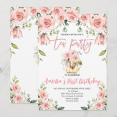 Blush Pink Floral Tea Party Eerste Verjaardag Kaart (Voorkant / Achterkant)