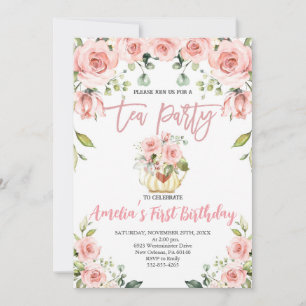 Blush Pink Floral Tea Party Eerste Verjaardag Kaart