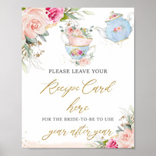 Blush Pink Floral Tea Party Recept voor bruid teke Poster