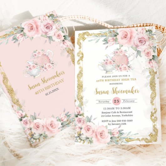  Blush Pink Floral Tea Party Verjaardagsfeest Kaart