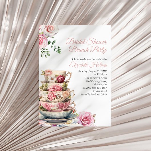 Blush Pink Floral Teacup Vrijgezellenfeest Brunch Kaart
