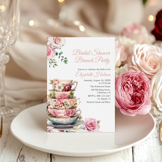 Blush Pink Floral Teacup Vrijgezellenfeest Brunch Kaart