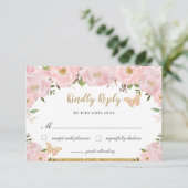 Blush Pink Floral Tiara Quinceañera Butterflies RSVP Kaartje (Staand voorkant)