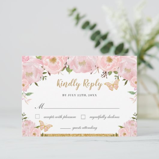 Blush Pink Floral Tiara Quinceañera Butterflies RSVP Kaartje (Staand voorkant)