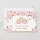 Blush Pink Floral Tiara Quinceañera Butterflies RSVP Kaartje (Achterkant)