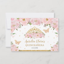 Blush Pink Floral Tiara Quinceañera Butterflies