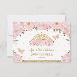 Blush Pink Floral Tiara Quinceañera Butterflies RSVP Kaartje