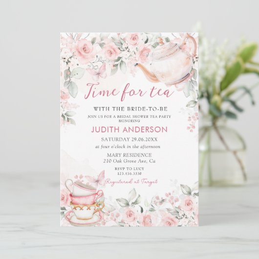 Blush Pink Floral Tijd voor Tea Vrijgezellenfeest Kaart (Staand voorkant)