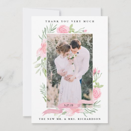 Blush Pink Floral | Trouwfoto Dank u wel Bedankkaart (Voorkant)