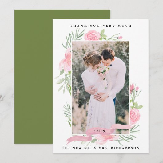 Blush Pink Floral | Trouwfoto Dank u wel Bedankkaart (Voorkant / Achterkant)