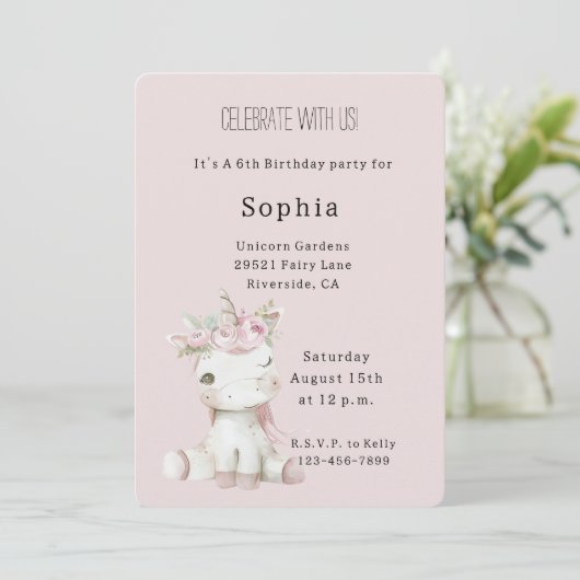 Blush Pink Floral Unicorn Birthday Kaart (Staand voorkant)