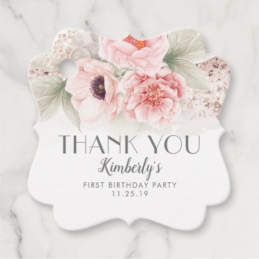 Blush Pink Floral Verjaardagsfeestje Dank u Bedankjes Labels (Voorkant)