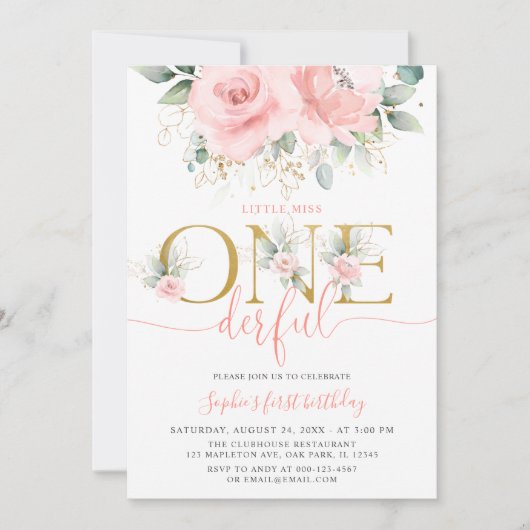 Blush Pink Floral Vernederend Baby Girl 1e verjaar Kaart (Voorkant)