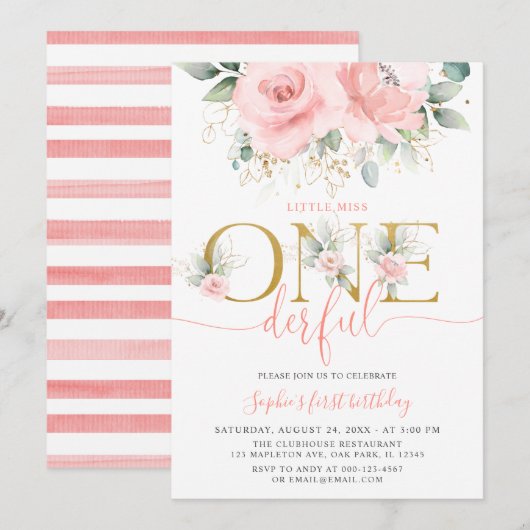 Blush Pink Floral Vernederend Baby Girl 1e verjaar Kaart (Voorkant / Achterkant)