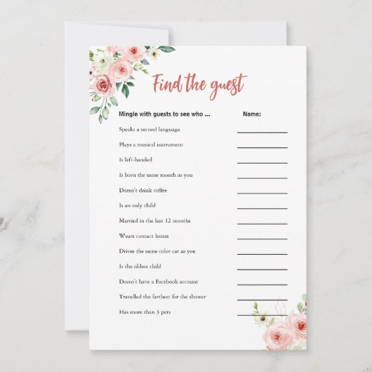 Blush Pink Floral Vind het Guest Shower Game Kaart (Voorkant)