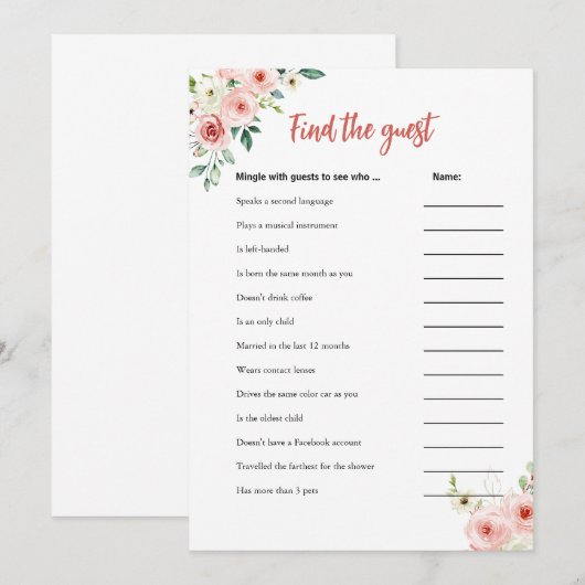 Blush Pink Floral Vind het Guest Shower Game Kaart (Voorkant / Achterkant)