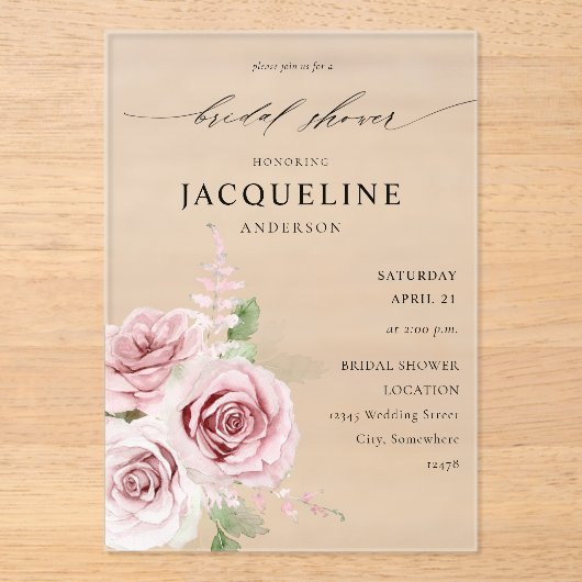 Blush Pink Floral Vrijgezellenfeest Acryl Uitnodigingen (Voorkant)