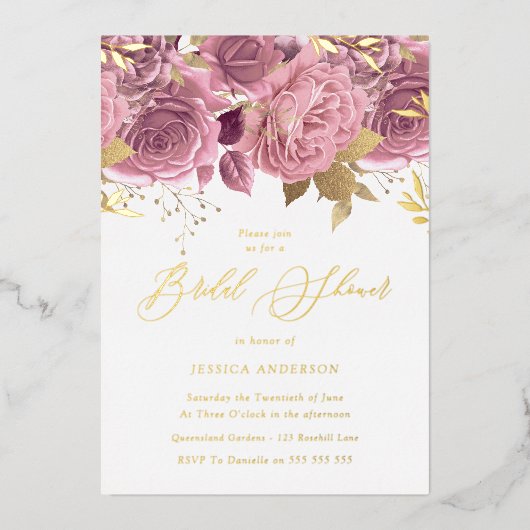 Blush Pink Floral Vrijgezellenfeest Gold Folie Uitnodiging (Voorkant)