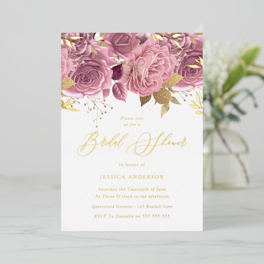 Blush Pink Floral Vrijgezellenfeest Gold Folie Uitnodiging (Staand Voorkant)