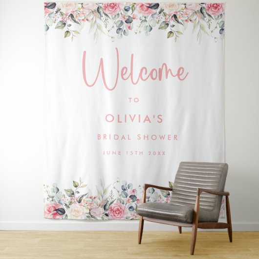 Blush Pink Floral Vrijgezellenfeest Welkomstachter Wandkleed (In situ)