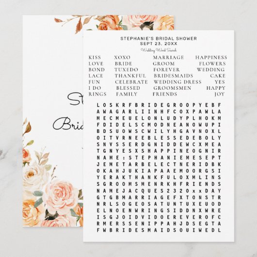 Blush Pink Floral Vrijgezellenfeest Word Search Kaart (Voorkant / Achterkant)