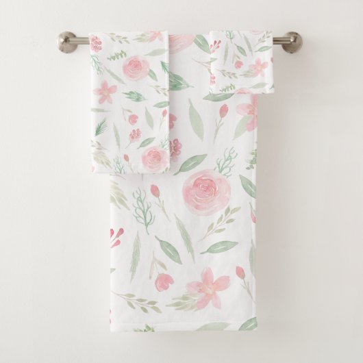 Blush Pink Floral Waterverf Bad Handdoek (Insitu)