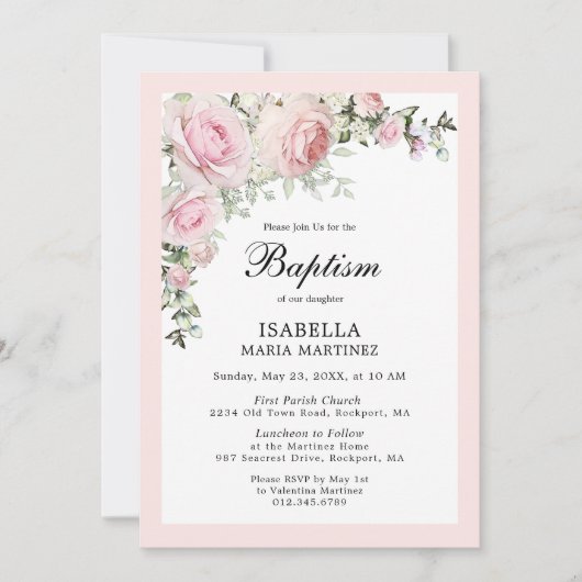Blush Pink Floral Waterverf Baptisme Uitnodiging (Voorkant)