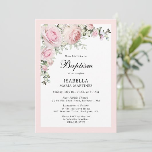 Blush Pink Floral Waterverf Baptisme Uitnodiging (Staand voorkant)