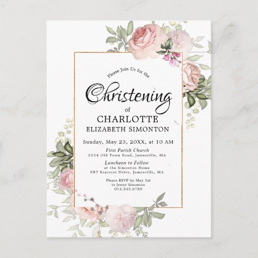 Blush Pink Floral Waterverf Christening Briefkaart (Voorkant)