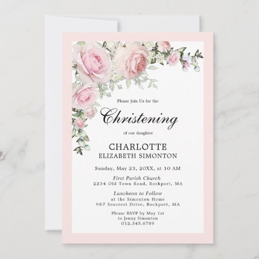 Blush Pink Floral Waterverf Christening Kaart (Voorkant)