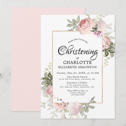 Blush Pink Floral Waterverf Christening Kaart (Voorkant / Achterkant)