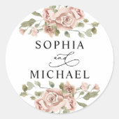 Blush Pink Floral Waterverf Couple Names Weddensch Ronde Sticker (Voorkant)