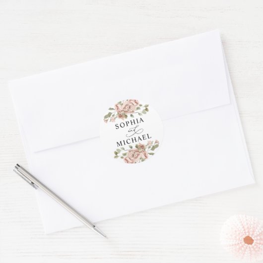 Blush Pink Floral Waterverf Couple Names Weddensch Ronde Sticker (Envelop)