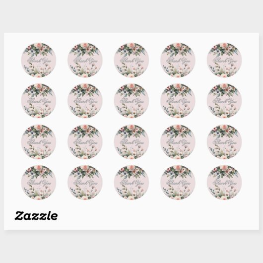 Blush Pink Floral Waterverf Dank u Ronde Sticker (Vel)