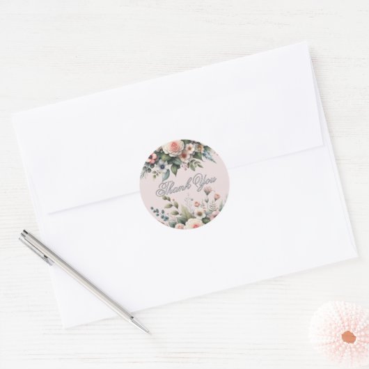 Blush Pink Floral Waterverf Dank u Ronde Sticker (Envelop)