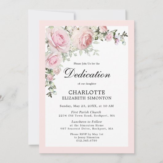 Blush Pink Floral Waterverf Dedication Invitation Kaart (Voorkant)