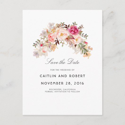 Blush Pink Floral Waterverf Save the Date Aankondigingskaart (Voorkant)