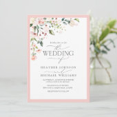Blush Pink Floral Waterverf Script Photo Weddensch Kaart (Staand voorkant)