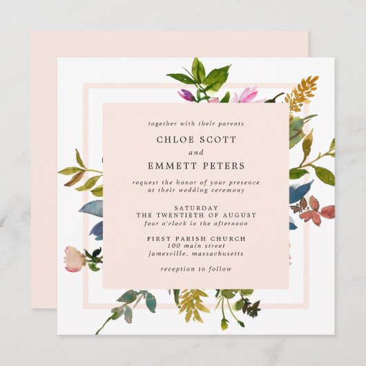Blush Pink Floral Waterverf Square Weddenschap Kaart (Voorkant / Achterkant)