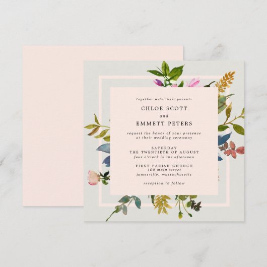 Blush Pink Floral Waterverf Square Weddenschap Kaart (Voorkant / Achterkant)